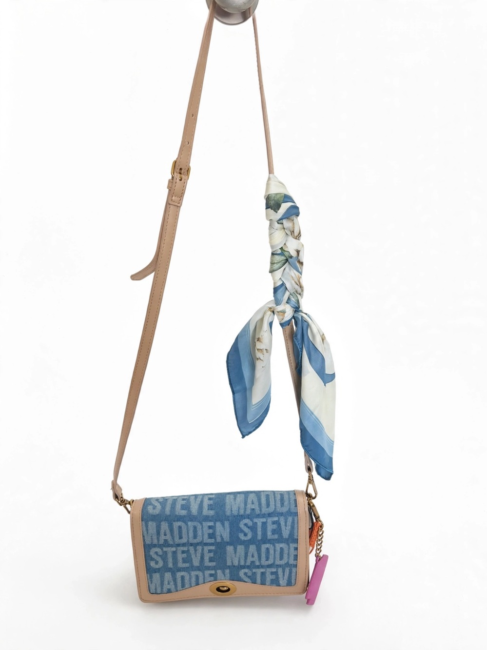 Steve Madden Blue Logo Crossbody with Tan Strap and Scarf Accent